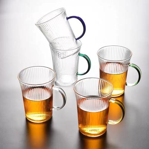 厂家批发竖纹杯彩把广口绿茶杯高硼硅玻璃透明水杯耐高温加厚茶杯